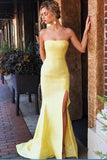 Sexy Yellow Satin Strapless Mermaid Prom Dresses, Sleeveless Evening Dresses with Split STB15372