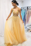 A Line Gold V Neck Beading Tulle Prom Dresses Spaghetti Straps Long Cheap Formal Dress STB14999