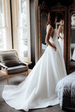 Simple Round Neck Satin Ivory Wedding Dresses With Pockets Long Wedding STBPG7X4QMY
