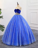 Ball Gown Sweetheart Strapless Blue Prom Dresses with Beading, Tulle Quinceanera Dresses STB15073