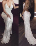 White sequin mermaid long prom dress for teens sequin evening dress