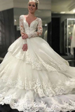 Ivory Deep V-Neck Long Sleeves Appliques Chapel Train Tiered Wedding