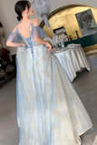 Unique V Neck Long Tulle Party Dress With Lace, Sexy Sleeveless Long Prom