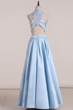 Two Pieces Prom Dresses Satin With Applique Floor Length Lace