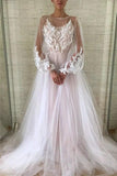 Jewel See Through Long Sleeve Ivory Lace Appliques Prom Dresses, Wedding Dresses STB15520
