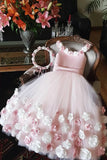 A Line Round Neck Pink Hand Made Flowers Flower Girl Dresses Tulle Wedding Party Dresses STB15019