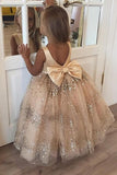 Princess Ball Gown Champagne Sequins Bowknot V Back Flower Girl Dresses STB15291