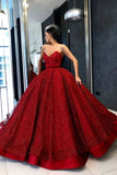 Sparkly Ball Gown Burgundy Strapless Sweetheart Prom Dresses, Long Quinceanera Dresses STB15428