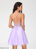 With A-Line Tulle Homecoming Dresses Short/Mini Homecoming Beading Lace Dress Kyleigh V-neck