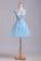 Scoop Short/Mini Prom Dress A Line Tulle Skirt Embellished Bodice With Beads And Applique Cap