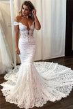 Sexy Off the Shoulder Lace Mermaid Ivory Wedding Dresses, Long Bridal Dresses STB15344