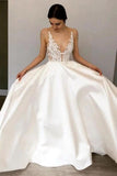 Simple A-Line Deep V Neck Satin Ivory Wedding Dress With Lace STBPR2KHCZB