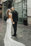 Charming Sheath Lace Bridal Gown with Slit Open Back Ivory Boho Wedding Dresses STB15124