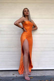 Simple Strapless Mermaid Orange Prom Dresses with High Split, Floor Length Formal Dress STB15402