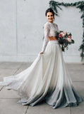 Elegant Two Pieces Chiffon Long Sleeves Wedding Dress with Lace Appliques STB15209