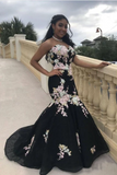 Black Mermaid Prom Dresses Strapless Embroidery Applique Sexy Prom