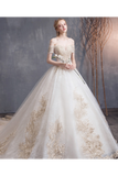 Ball Gown Tulle Wedding Dresses Off The Shoulder Appliques Beads Chapel