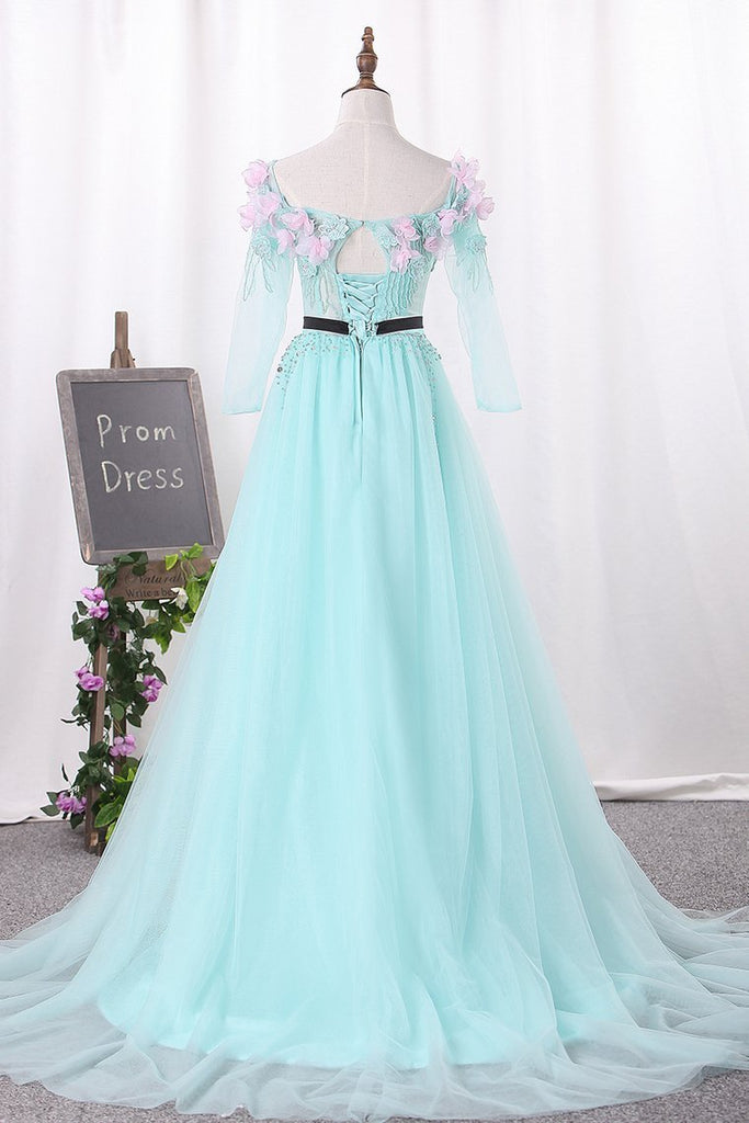 New Arrival A Line Boat Neck Tulle Prom Dresses With Handmade Flowers And
