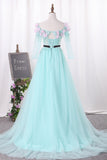 New Arrival A Line Boat Neck Tulle Prom Dresses With Handmade Flowers And