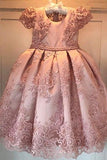 Princess Ball Gown Round Neck Pink Beads Flower Girl Dresses with Appliques STB15587