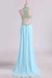 Sheath Open Back High Neck Chiffon With Applique And Beads Prom