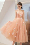 Cute Tea Length A Line Pink Short Prom Dress Sweet 16 Dresses with Hand Made Flower STB15138