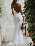 Backless Mermaid Spaghetti Straps Lace Backless Wedding Dresses Beach Bridal Dresses STB15056
