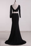 New Arrival Bateau Prom Dress Mermaid Long Sleeves Lace Bodice With Beading