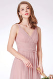 Simple A Line Pink V Neck Tulle Sleeveless Prom Dresses Long Bridesmaid Dresses STB15383