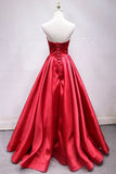 A Line Sweetheart Red Satin Lace Up Long Prom Dresses with Bowknot, Cheap Formal Dresses STB15035