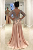 V Neck Long Sleeves Prom Dresses A Line Chiffon With Beads And