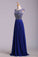 Hot Selling Prom Dresses Dark Royal Blue A-Line Scoop Floor-Length Chiffon