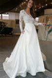 Long Sleeves Ivory Lace Satin Long V-Neck Prom Dresses Party