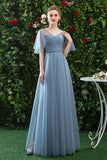 A Line V Neck Tulle Blue Cheap Prom Dress, Long Floor Length Bridesmaid Dresses STB15044