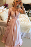 Long Sleeves Scoop Prom Dresses A Line Satin With Applique And Beads