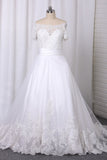 A Line Boat Neck Wedding Dresses Short Sleeves Tulle With Applique Chapel