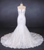 Charming Strapless Sweetheart Mermaid Lace Appliques White Wedding Dresses STB15128