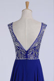 Prom Dresses A-Line Scoop Floor-Length Dark Royal Blue Chiffon Beaded Bodice