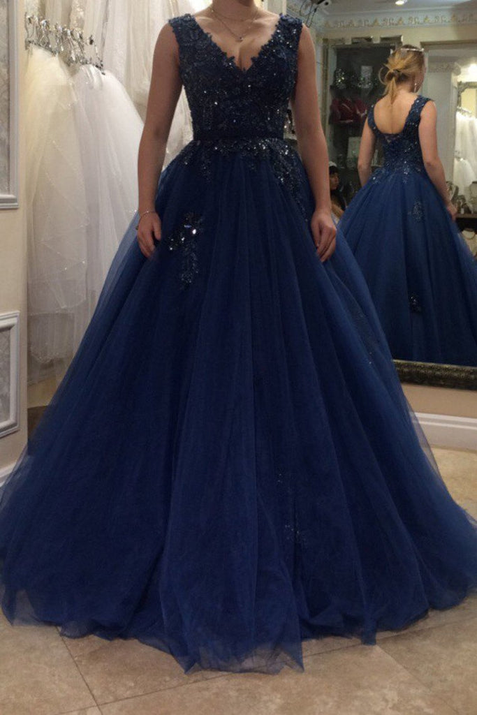 Tulle V Neck Prom Dresses A Line With Applique And Sash Sweep