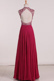 Open Back Prom Dresses A Line Chiffon With Beading Floor Length