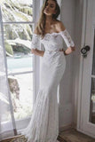 2 Pieces Ivory Lace Mermaid Off the Shoulder Wedding Dresses, Beach Wedding Gowns STB14986