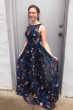 Gorgeous A Line Bateau Blue Floral Tulle Long Prom Dresses, Cheap Formal Dresses STB15234