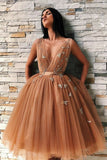 Ball Gown Tulle V Neck Homecoming Dresses with Appliques, Short Prom STB15620