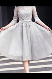 A-Line Prom Dresses Tea Length With Applique And Sash