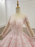 Elegant Ball Gown Pink Long Sleeves Appliques Prom Dresses, Quinceanera STB20482