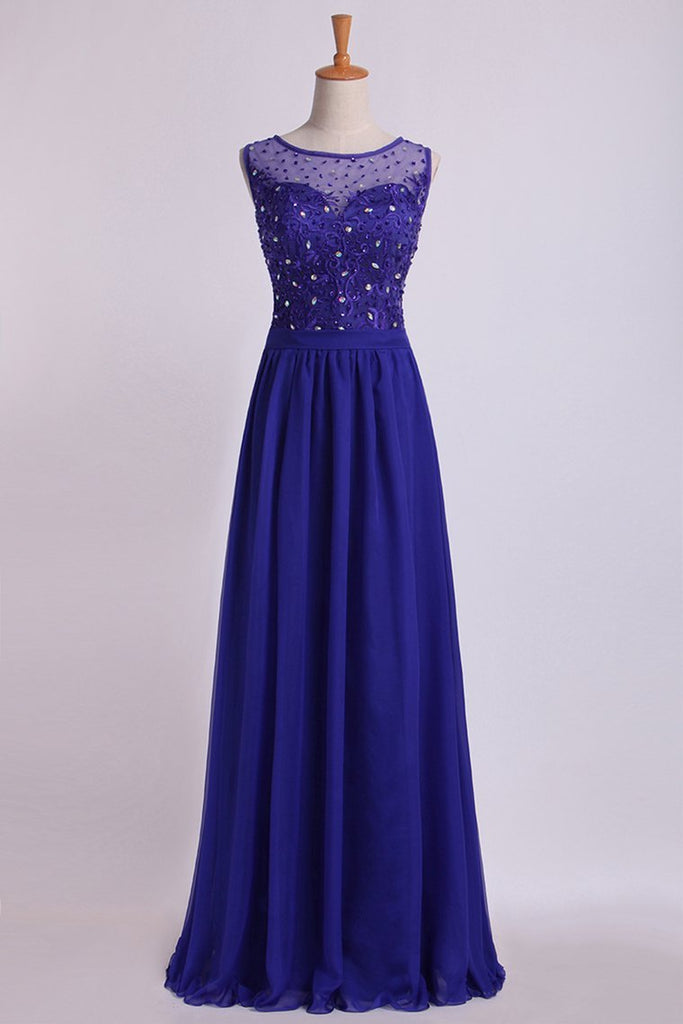 Bateau Prom Dress A Line Floor Length With Embroidery And Beads Chiffon&Tulle