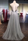 A Line Tulle Beads 3D Flowers Round Neck Long Prom Dresses With