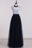 Halter With Beading A Line Prom Dresses Tulle & Lace Floor