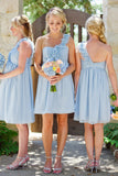 One Shoulder Light Sky Blue Short A-Line Knee Length Bridesmaid Dresses Pregnant