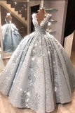 Ball Gown V Neck Floor Length Prom Dresses with Appliques, Quinceanera Dress STB15565
